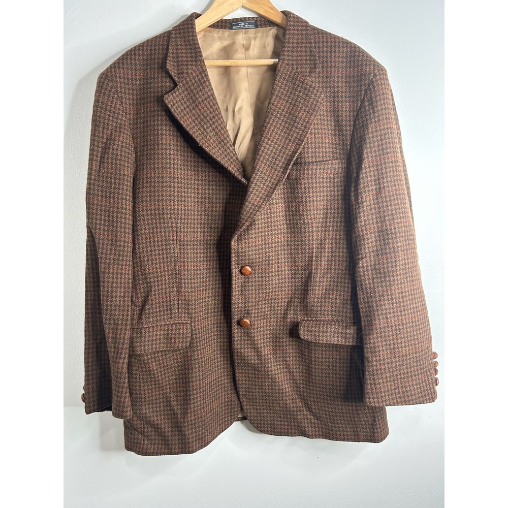 Savile Row Houndstooth Sport Coat Blazer Jacket Brown Tweed‎ 46R Lamswool Wool
